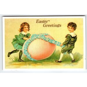 Easter Greetings Postcard Boy Girl Tie Up Giant Egg Flowers Hong Kong Holiday